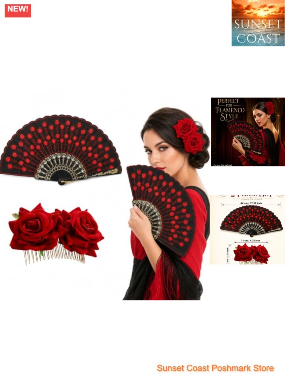 2 Piece Flamenco Set Rose Hair Comb Sequined Fan Costume Accessories